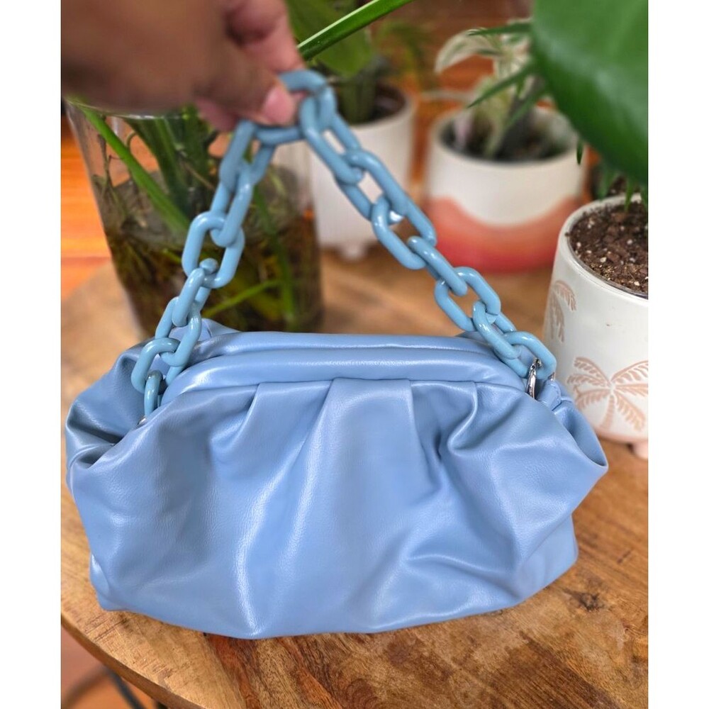 Women's Blue Ruched Shoulder Bag Fayrecore Chunky Chain Strap Detachable Strap